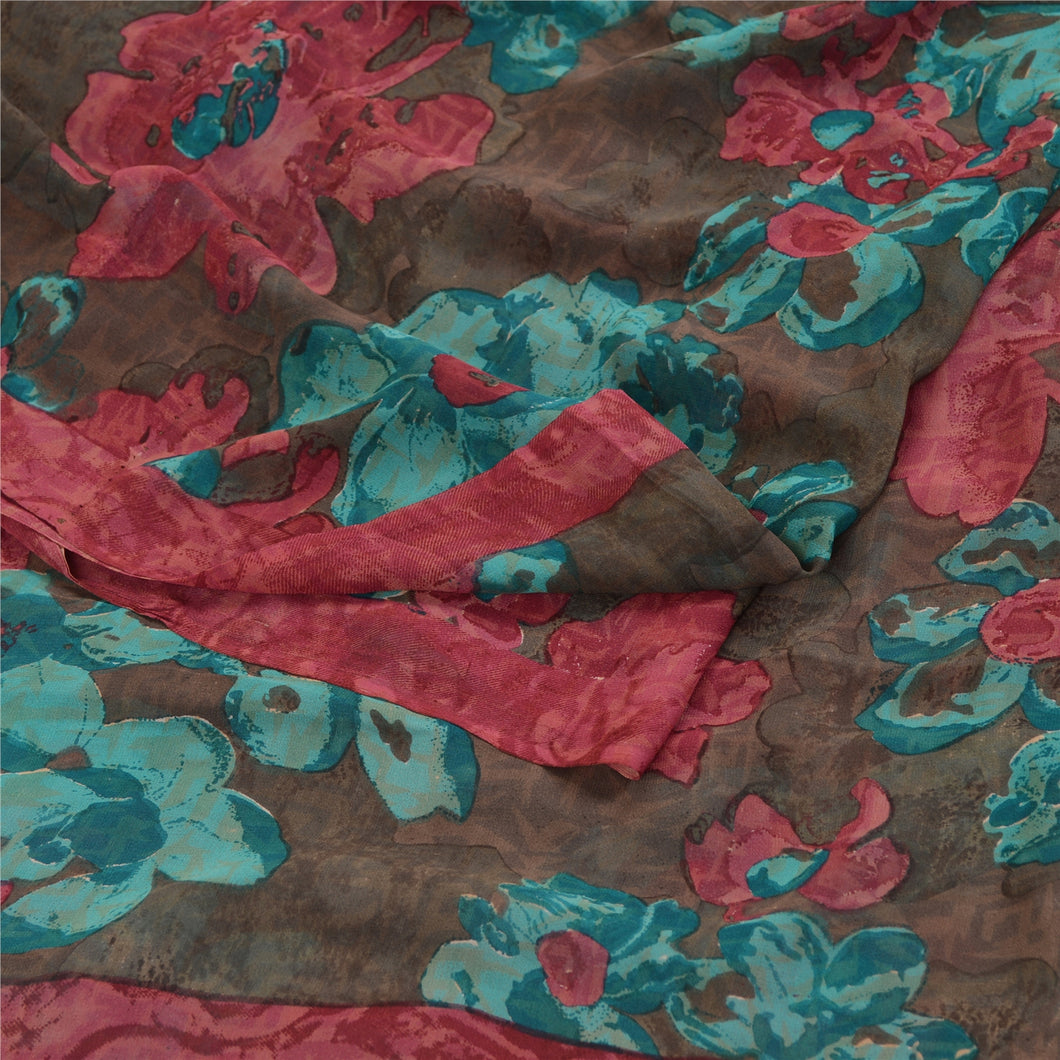 Sanskriti Vintage Sarees Brown From India Pure Geogette Silk Printed Sari Fabric