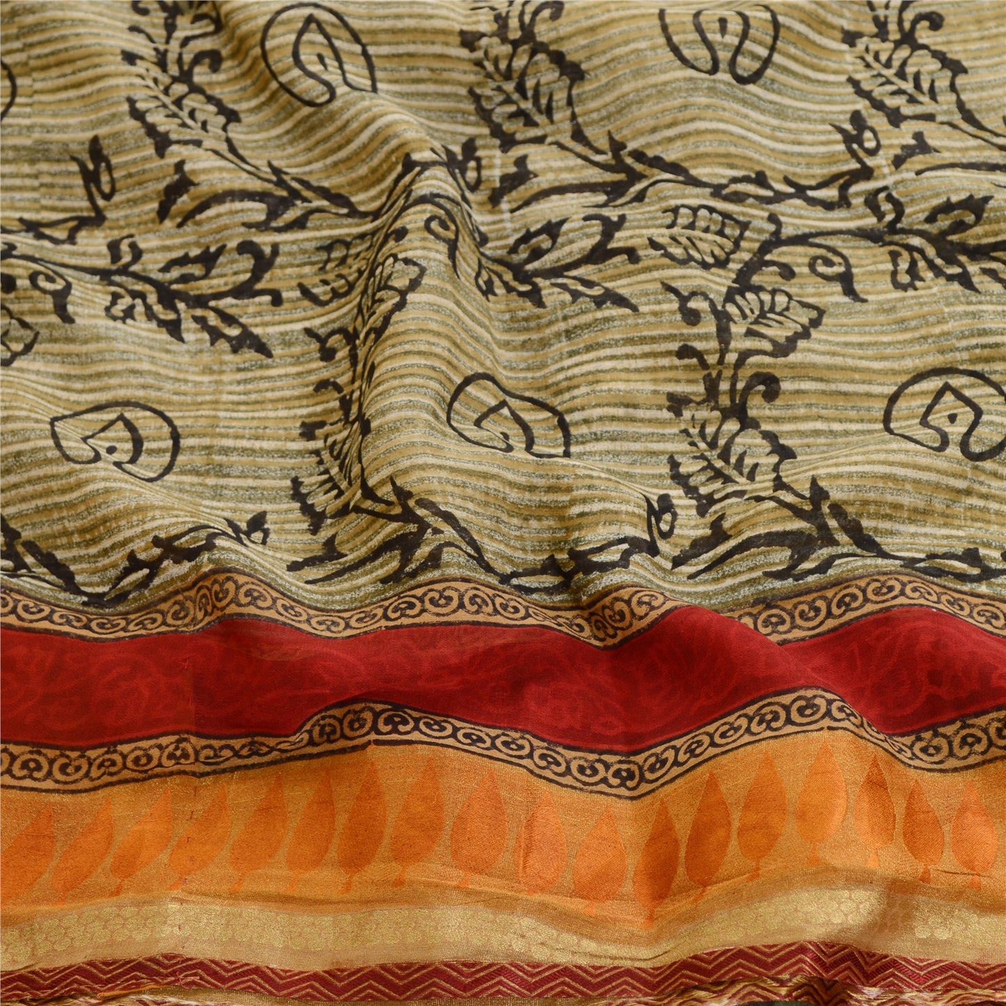 Sanskriti Vintage Sarees Gray Pure Georgette Silk Print Zari Broder Sari Sustainable Fabric