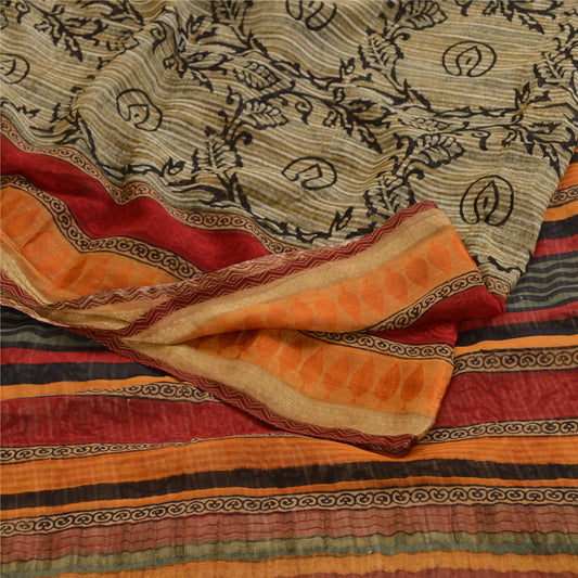 Sanskriti Vintage Sarees Gray Pure Georgette Silk Print Zari Broder Sari Sustainable Fabric