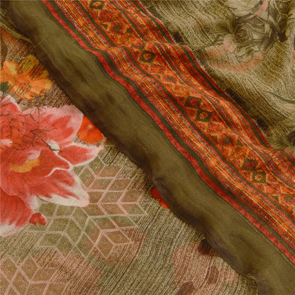 Sanskriti Vintage Sarees Indian Green Georgette Printed Sari Soft Craft Sustainable Fabric