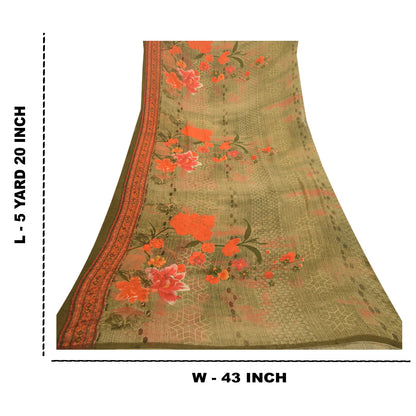 Sanskriti Vintage Sarees Indian Green Georgette Printed Sari Soft Craft Sustainable Fabric
