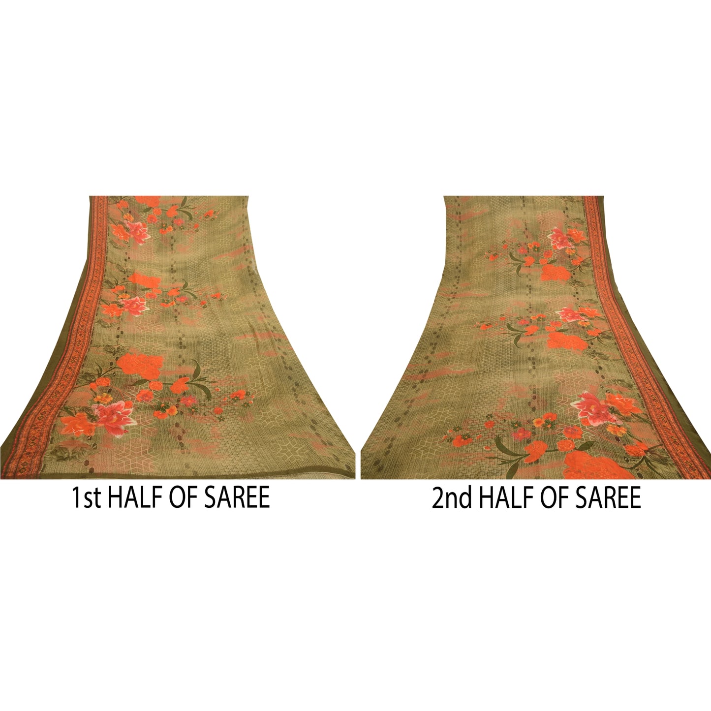 Sanskriti Vintage Sarees Indian Green Georgette Printed Sari Soft Craft Sustainable Fabric