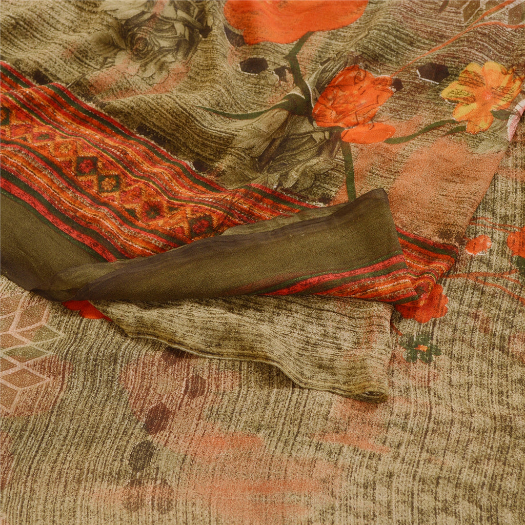 Sanskriti Vintage Sarees Indian Green Georgette Printed Sari Soft Craft Sustainable Fabric