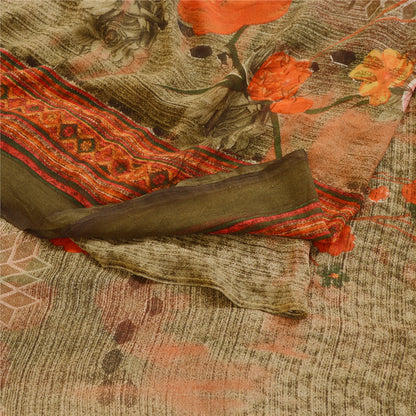 Sanskriti Vintage Sarees Indian Green Georgette Printed Sari Soft Craft Sustainable Fabric