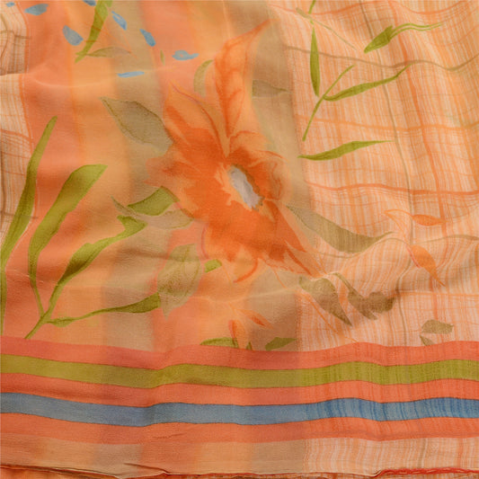Sanskriti Vintage Sarees Peach Pure Georgette Silk Printed Sari 5yd Craft Sustainable Fabric