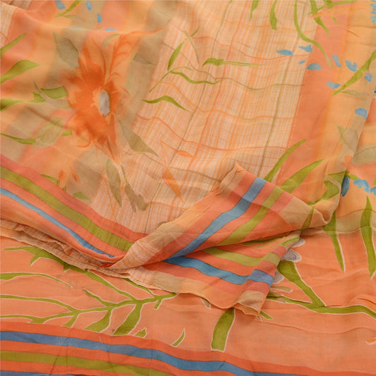 Sanskriti Vintage Sarees Peach Pure Georgette Silk Printed Sari 5yd Craft Sustainable Fabric