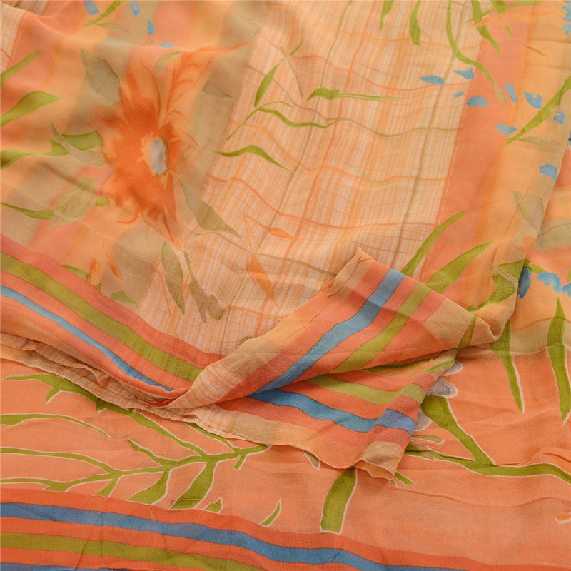Sanskriti Vintage Sarees Peach Pure Georgette Silk Printed Sari 5yd Craft Sustainable Fabric