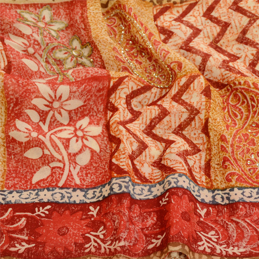 Sanskriti Vintage Sarees Hand Beaded Green Blend Georgette Printed Sari Sustainable Fabric