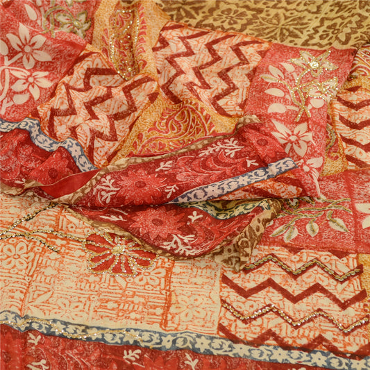 Sanskriti Vintage Sarees Hand Beaded Green Blend Georgette Printed Sari Sustainable Fabric