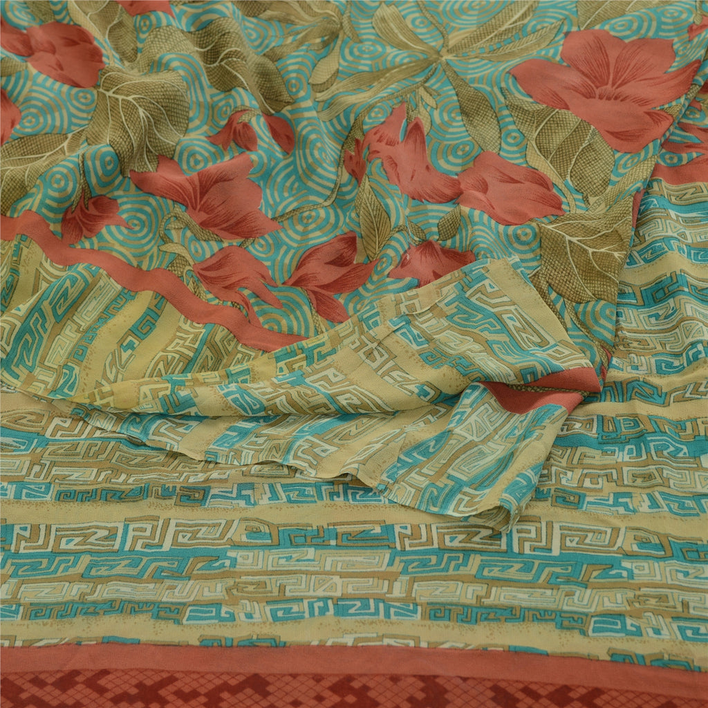 Sanskriti Vintage Sarees Blue Pure Georgette Silk Printed Sari 5yd Craft Sustainable Fabric