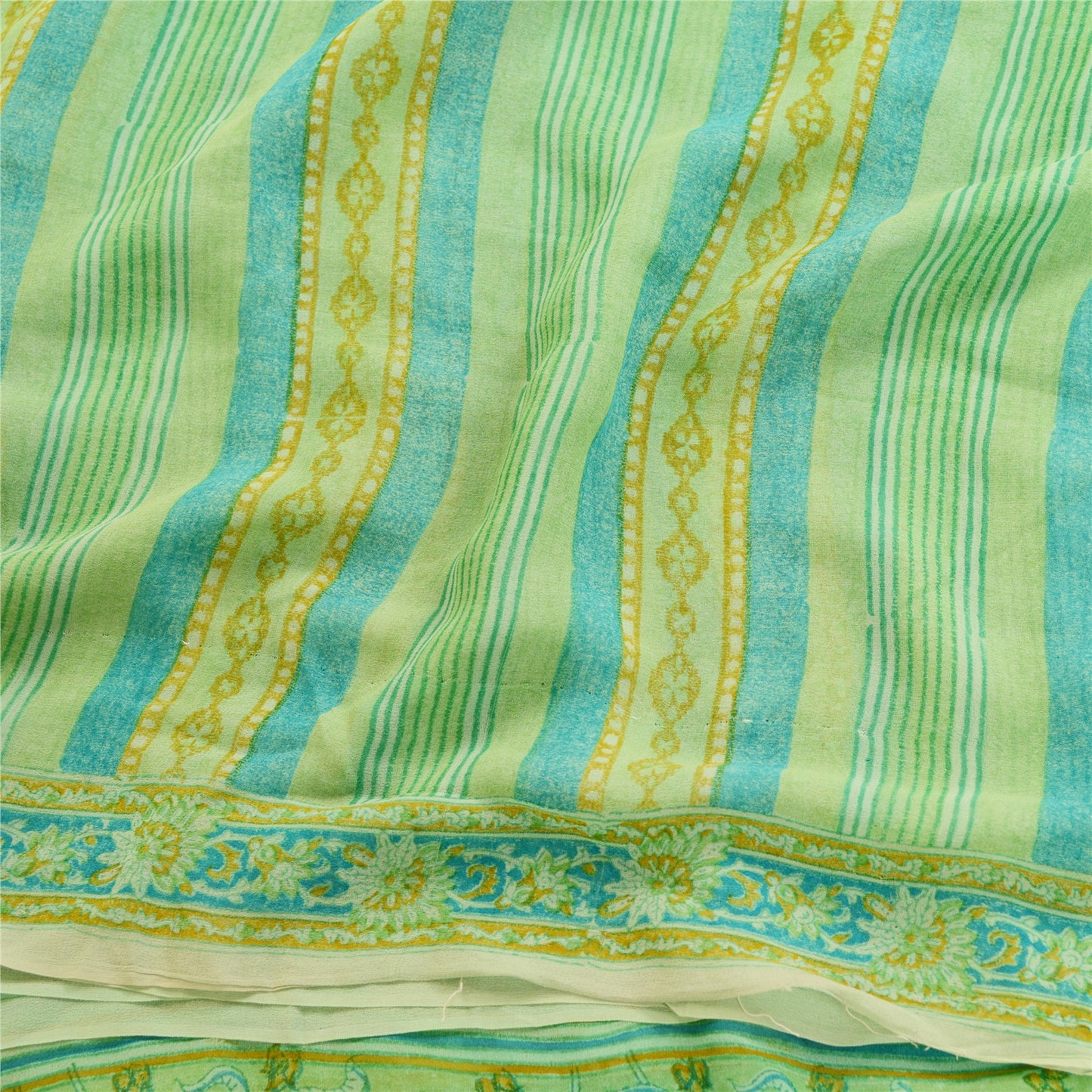 Sanskriti Vintage Sarees Green Pure Georgette Silk Printed Sari 5yd Craft Sustainable Fabric
