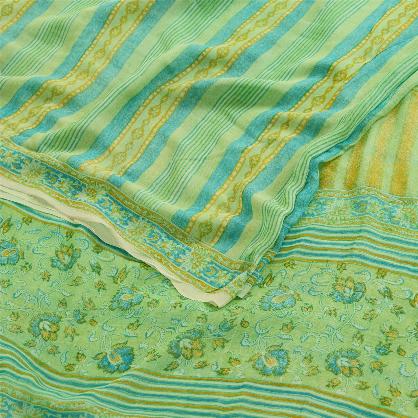 Sanskriti Vintage Sarees Green Pure Georgette Silk Printed Sari 5yd Craft Sustainable Fabric