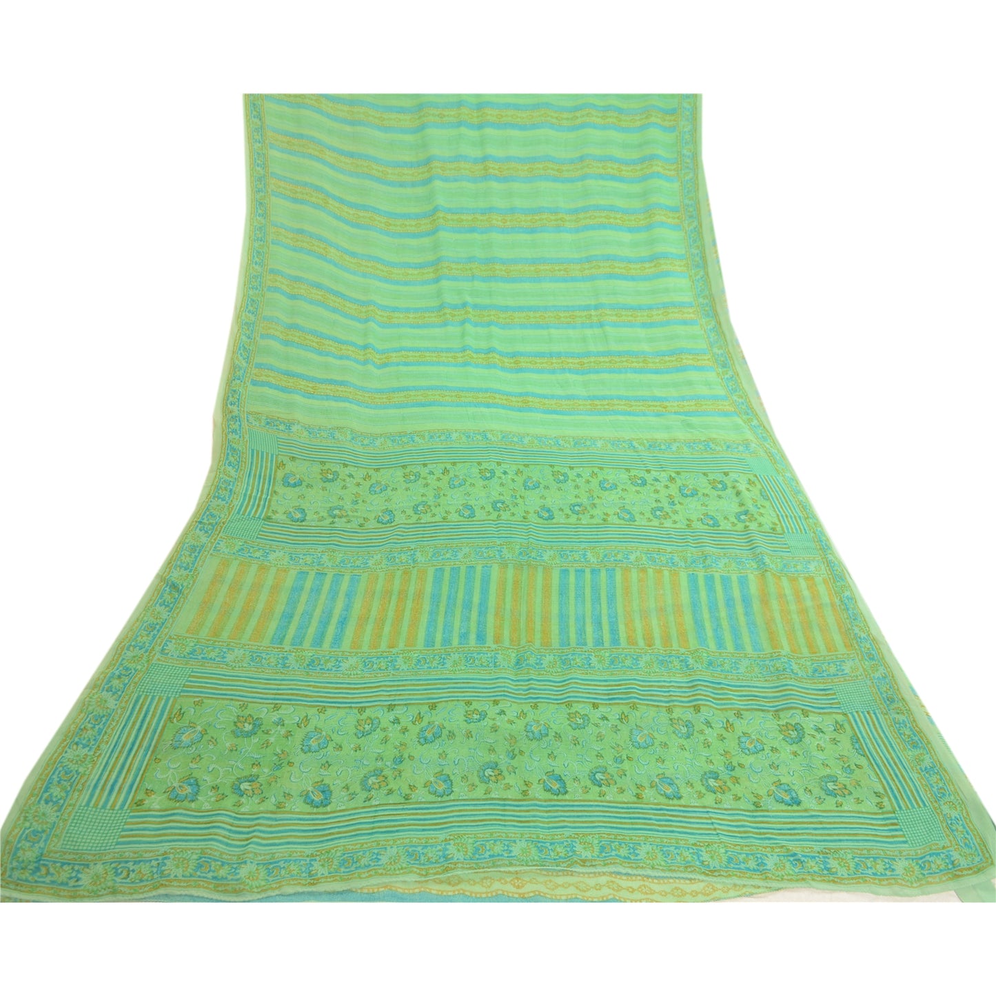 Sanskriti Vintage Sarees Green Pure Georgette Silk Printed Sari 5yd Craft Sustainable Fabric