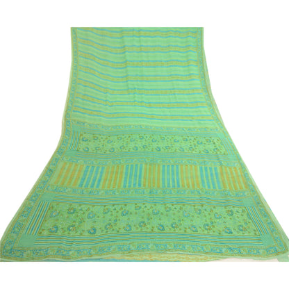 Sanskriti Vintage Sarees Green Pure Georgette Silk Printed Sari 5yd Craft Sustainable Fabric