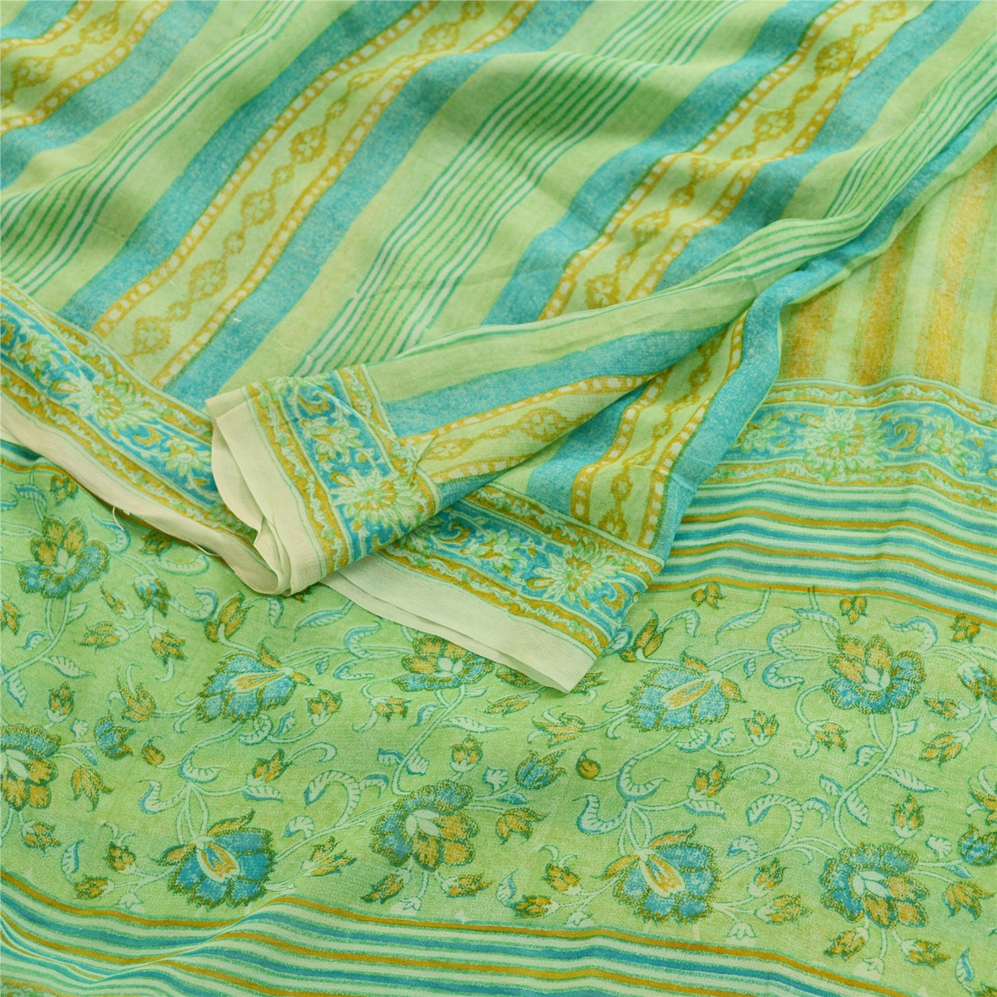Sanskriti Vintage Sarees Green Pure Georgette Silk Printed Sari 5yd Craft Sustainable Fabric
