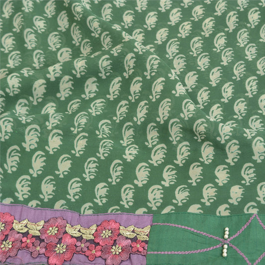 Sanskriti Vintage Sarees Grønne Ren Georgette Silke Trykte Sari 5yd Håndværk Bæredygtigt Stoff
