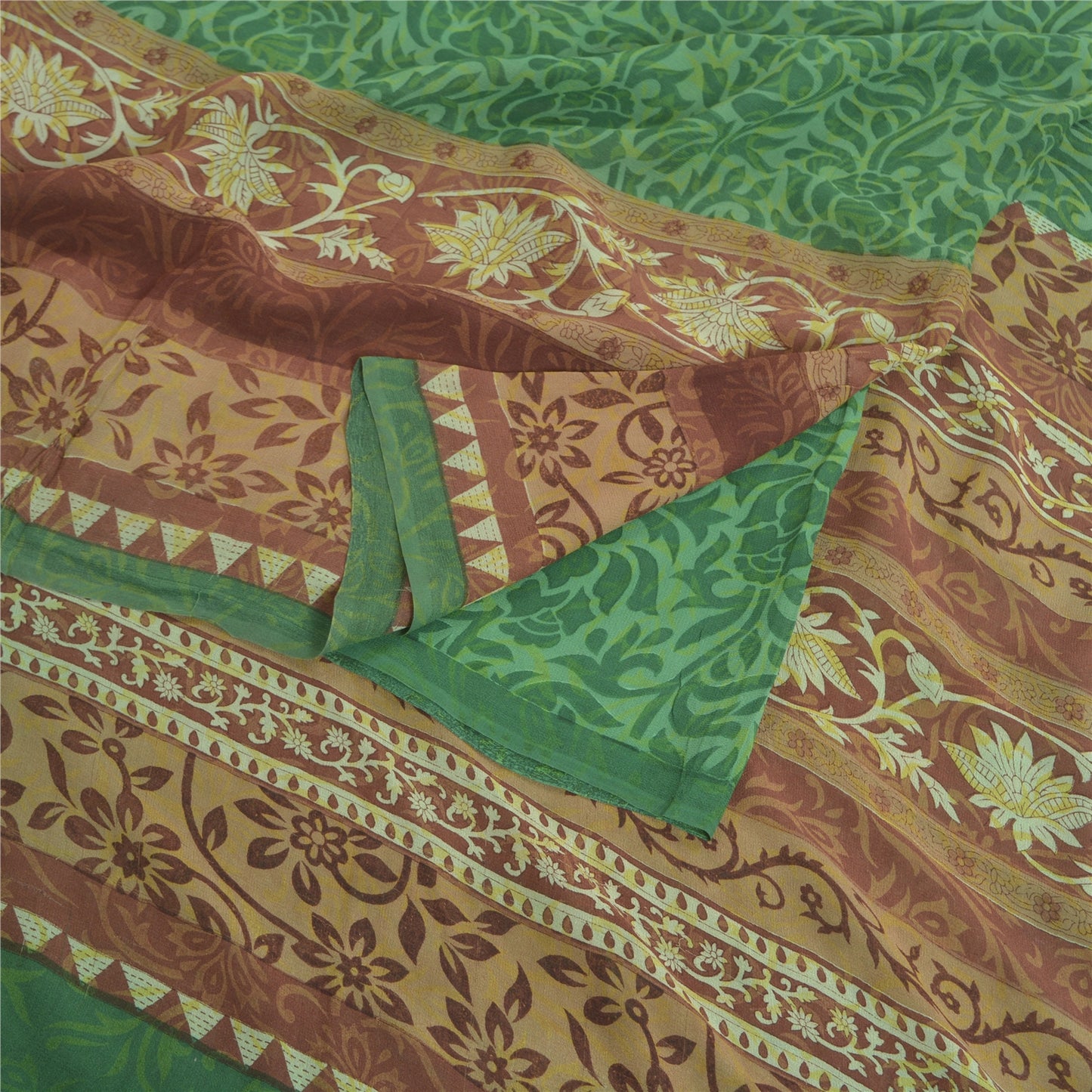 Сари Sanskriti Vintage, зеленое сари из чистого шелка-жоржета с принтом, 5 ярдов, ткань для рукоделия из экологически чистой ткани