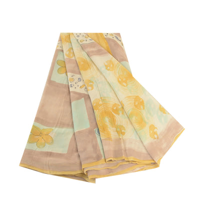 Sanskriti Vintage Sarees Pale Cream Pure Georgette Silk Print Sari Craft Sustainable Fabric