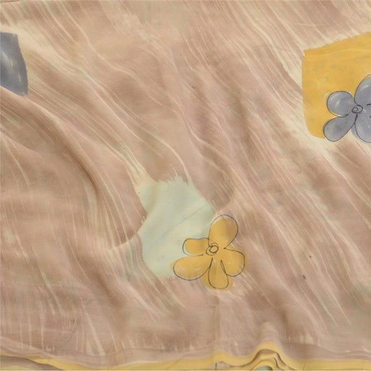 Sanskriti Vintage Sarees Pale Cream Pure Georgette Silk Print Sari Craft Sustainable Fabric