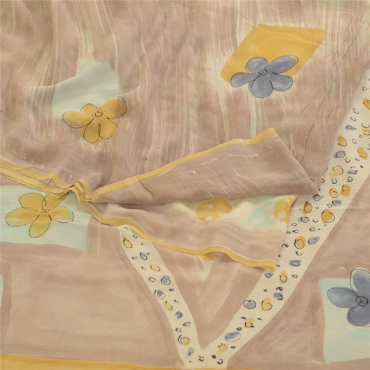 Sanskriti Vintage Sarees Pale Cream Pure Georgette Silk Print Sari Craft Sustainable Fabric