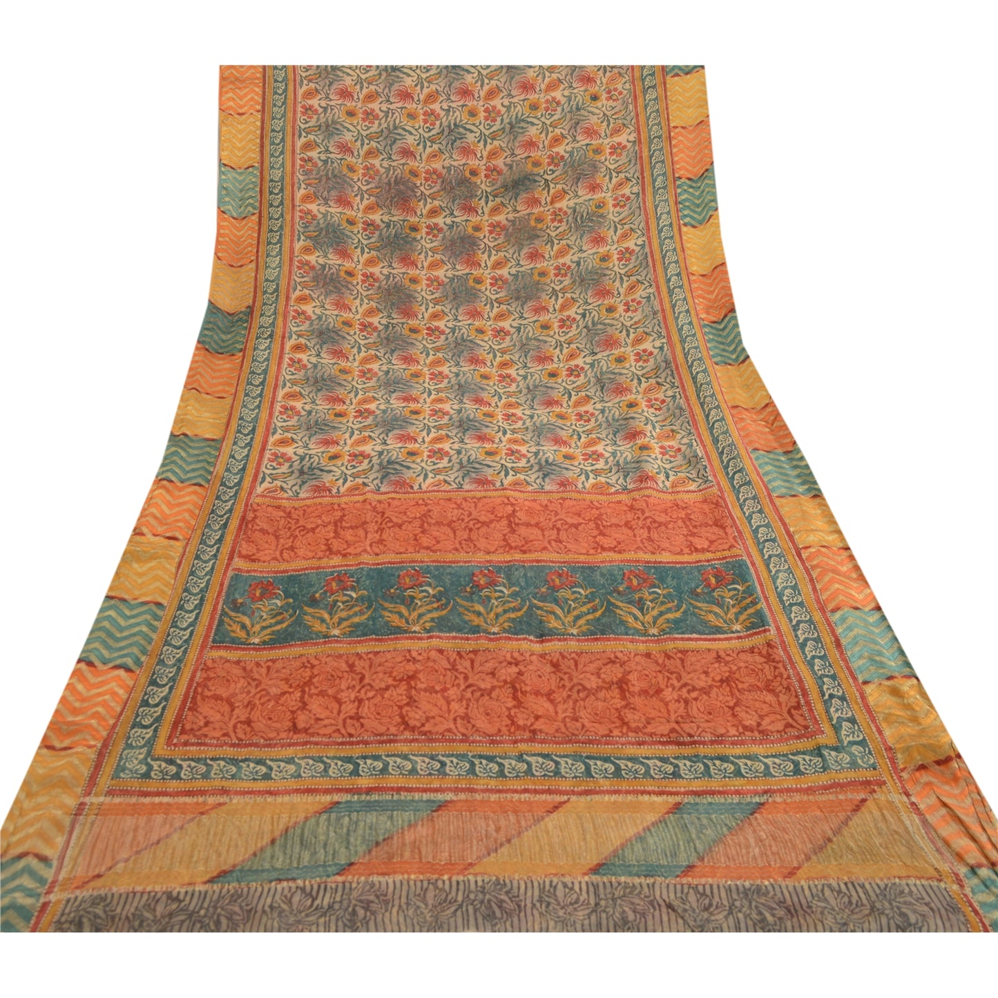 Sanskriti Vintage Sarees Green Pure Georgette Silk Printed Sari 5yd Craft Sustainable Fabric