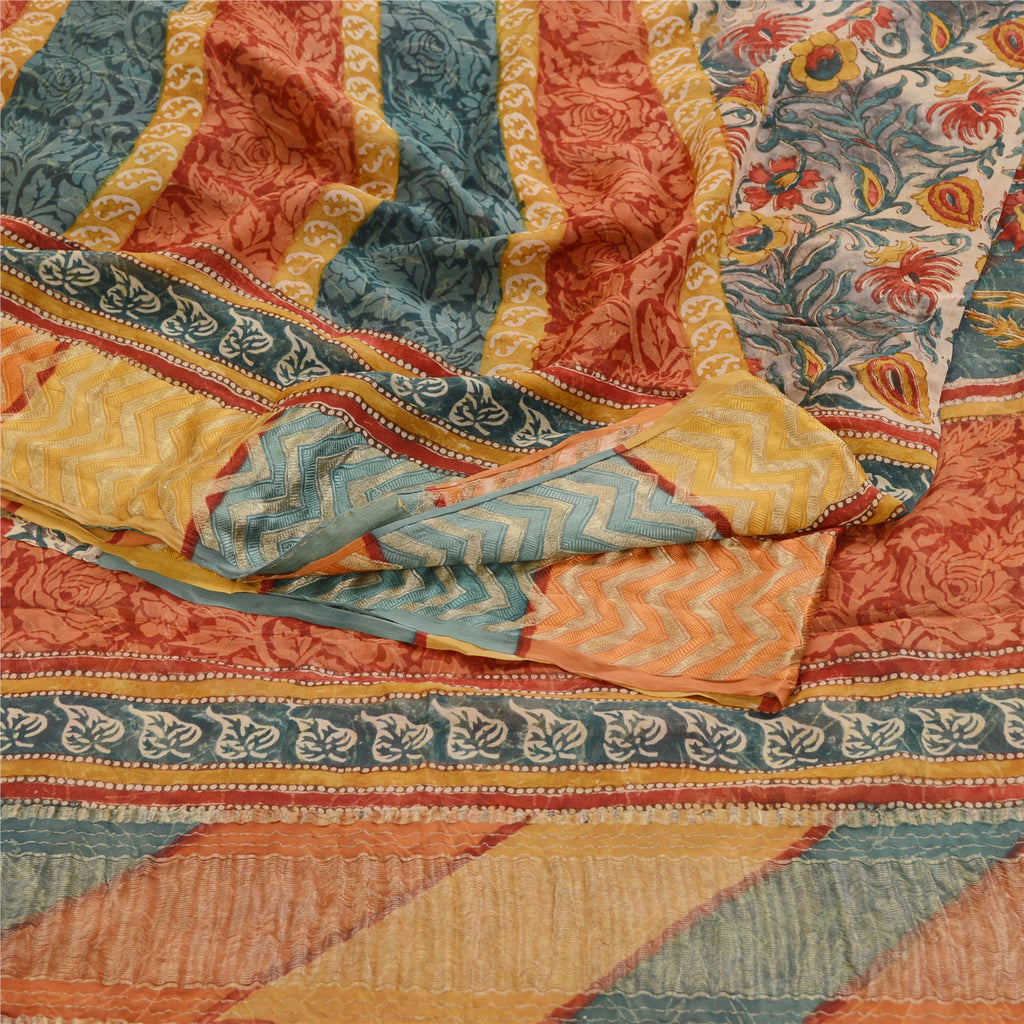 Sanskriti Vintage Sarees Green Pure Georgette Silk Printed Sari 5yd Craft Sustainable Fabric