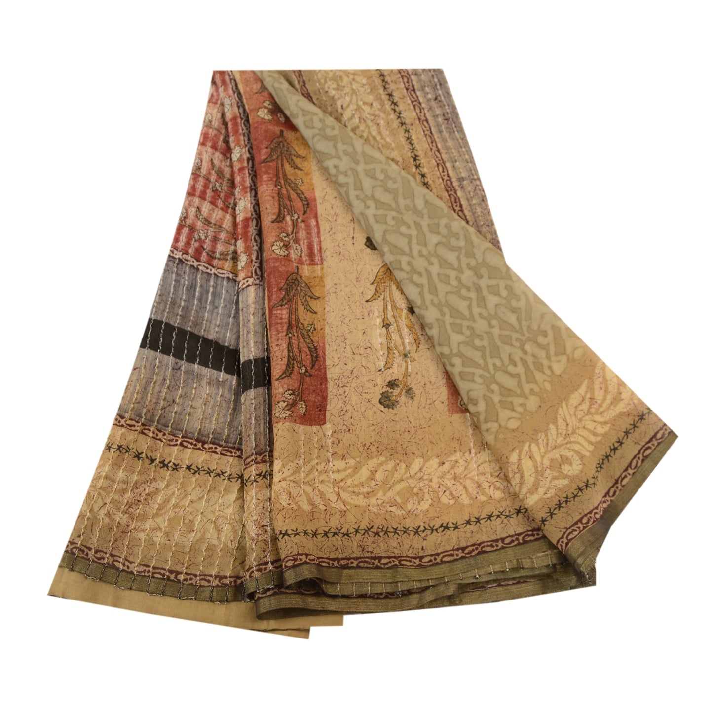 Sanskriti Vintage Sarees Gray Pure Georgette Silk Printed Zari Sari Craft Sustainable Fabric