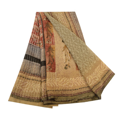 Sanskriti Vintage Sarees Gray Pure Georgette Silk Printed Zari Sari Craft Sustainable Fabric