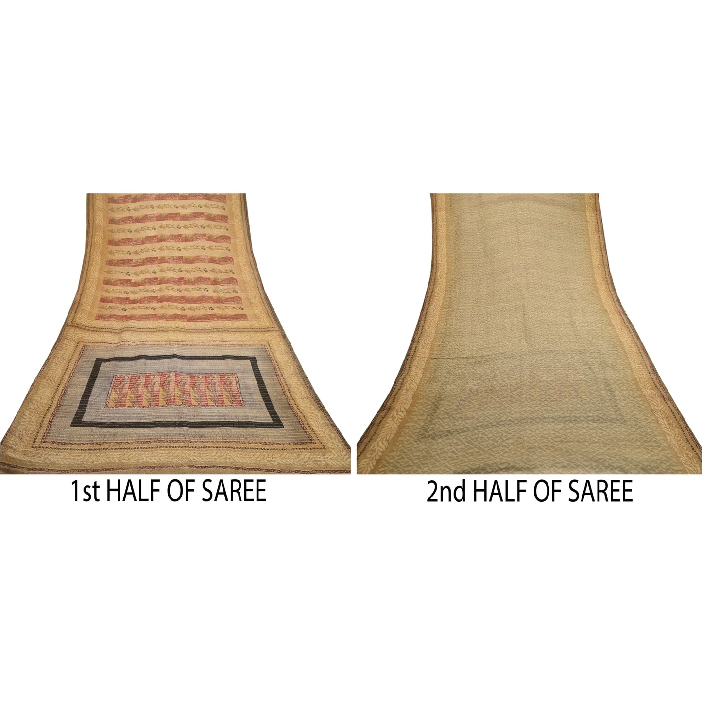 Sanskriti Vintage Sarees Gray Pure Georgette Silk Printed Zari Sari Craft Sustainable Fabric