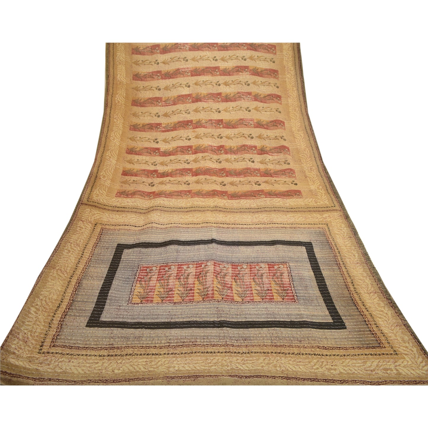 Sanskriti Vintage Sarees Gray Pure Georgette Silk Printed Zari Sari Craft Sustainable Fabric