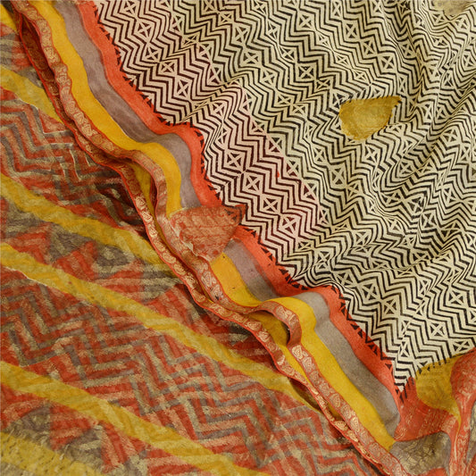 Sanskriti Vintage Sarees Cremefarvede Ren Georgette Silke Print Zari Vævet Sari Bæredygtigt Stof