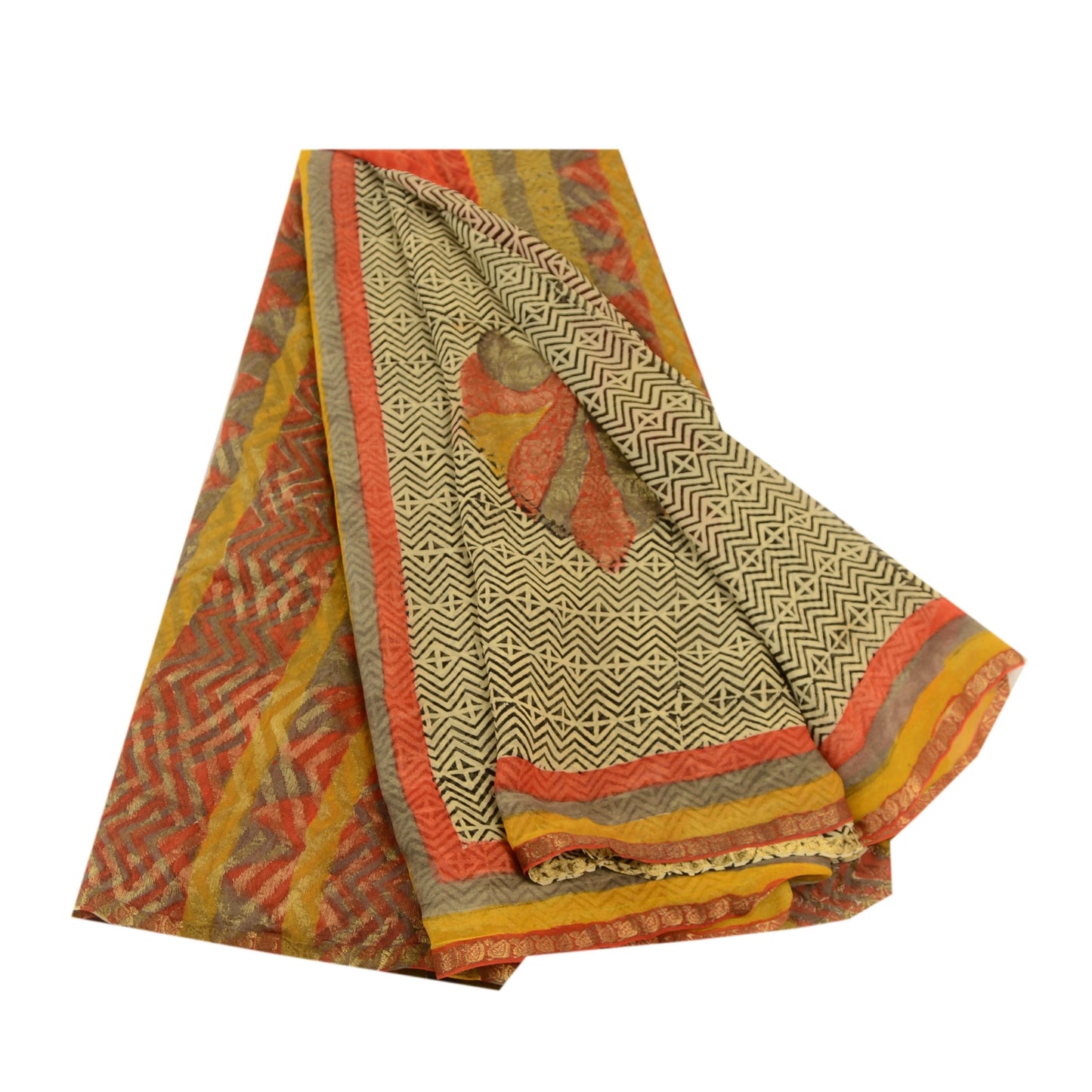 Sanskriti Vintage Sarees Cream Pure Georgette Silk Print Zari Woven Sari Sustainable Fabric