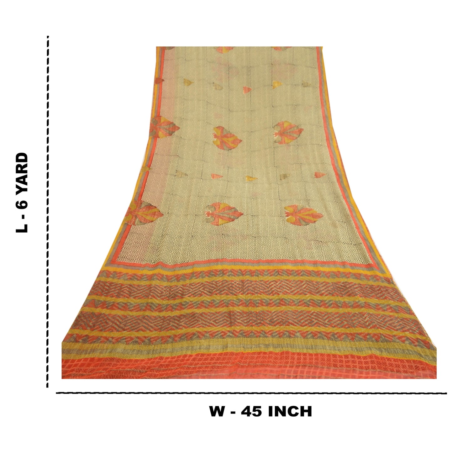 Sanskriti Vintage Sarees Cream Pure Georgette Silk Print Zari Woven Sari Sustainable Fabric