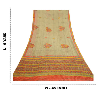 Sanskriti Vintage Sarees Cream Pure Georgette Silk Print Zari Woven Sari Sustainable Fabric