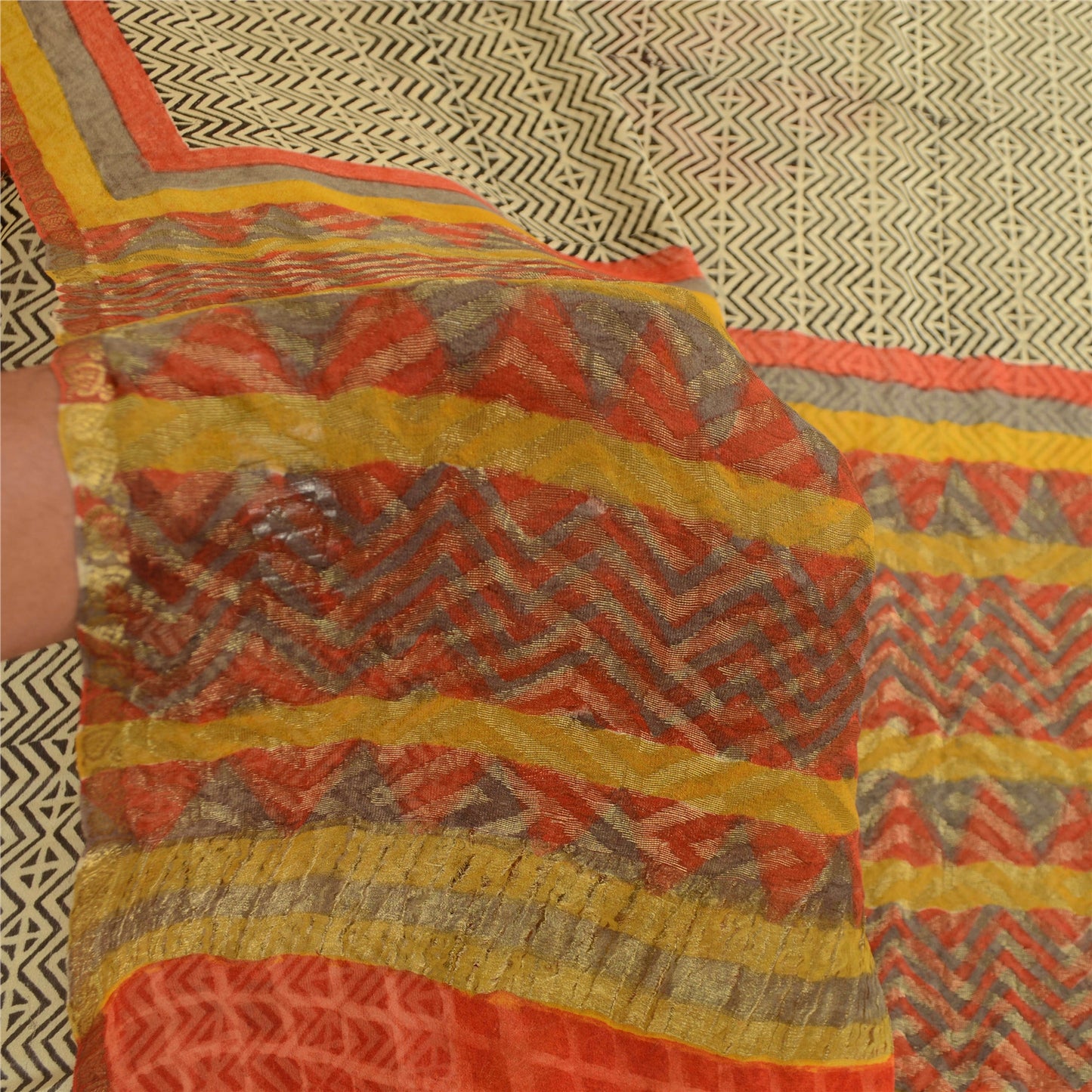 Sanskriti Vintage Sarees Cream Pure Georgette Silk Print Zari Woven Sari Sustainable Fabric