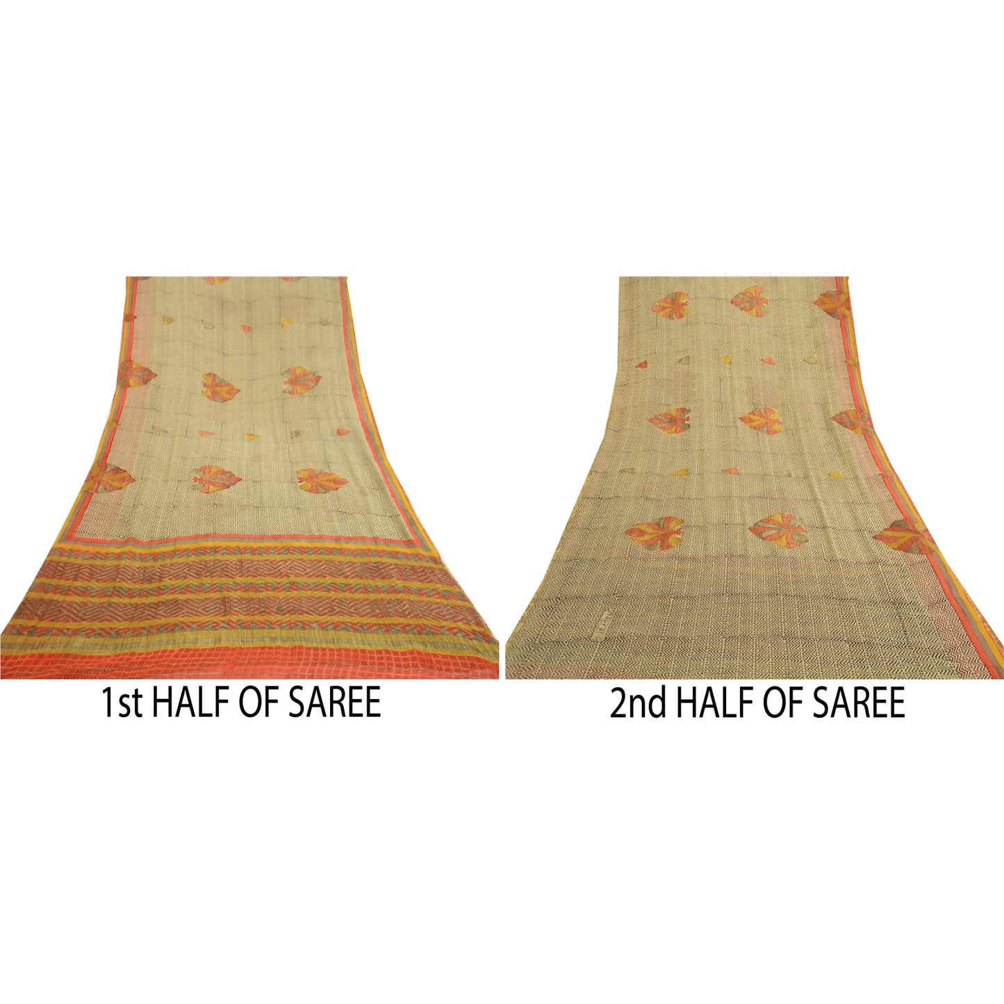 Sanskriti Vintage Sarees Cream Pure Georgette Silk Print Zari Woven Sari Sustainable Fabric