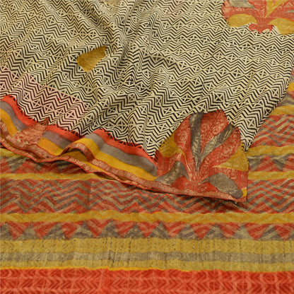 Sanskriti Vintage Sarees Cream Pure Georgette Silk Print Zari Woven Sari Sustainable Fabric