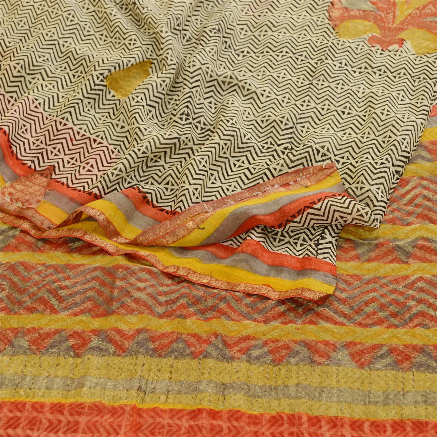 Sanskriti Vintage Sarees Cream Pure Georgette Silk Print Zari Woven Sari Sustainable Fabric