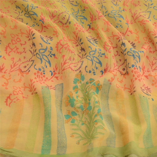 Sanskriti Vintage Sarees Pure Georgette Silk Block Printed Sari 5yd Craft Sustainable Fabric