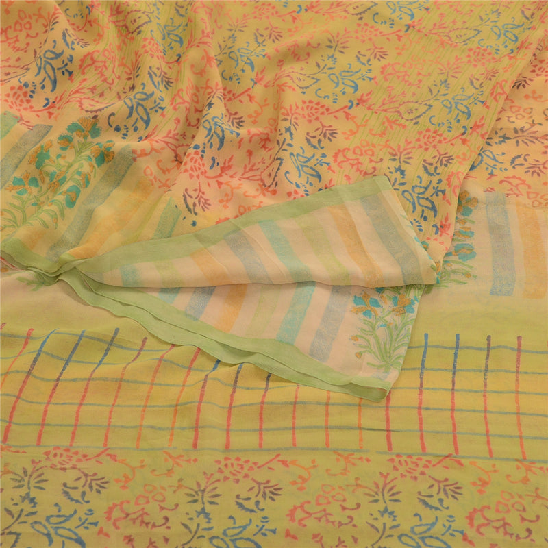 Sanskriti Vintage Sarees Pure Georgette Silk Block Printed Sari 5yd Craft Sustainable Fabric