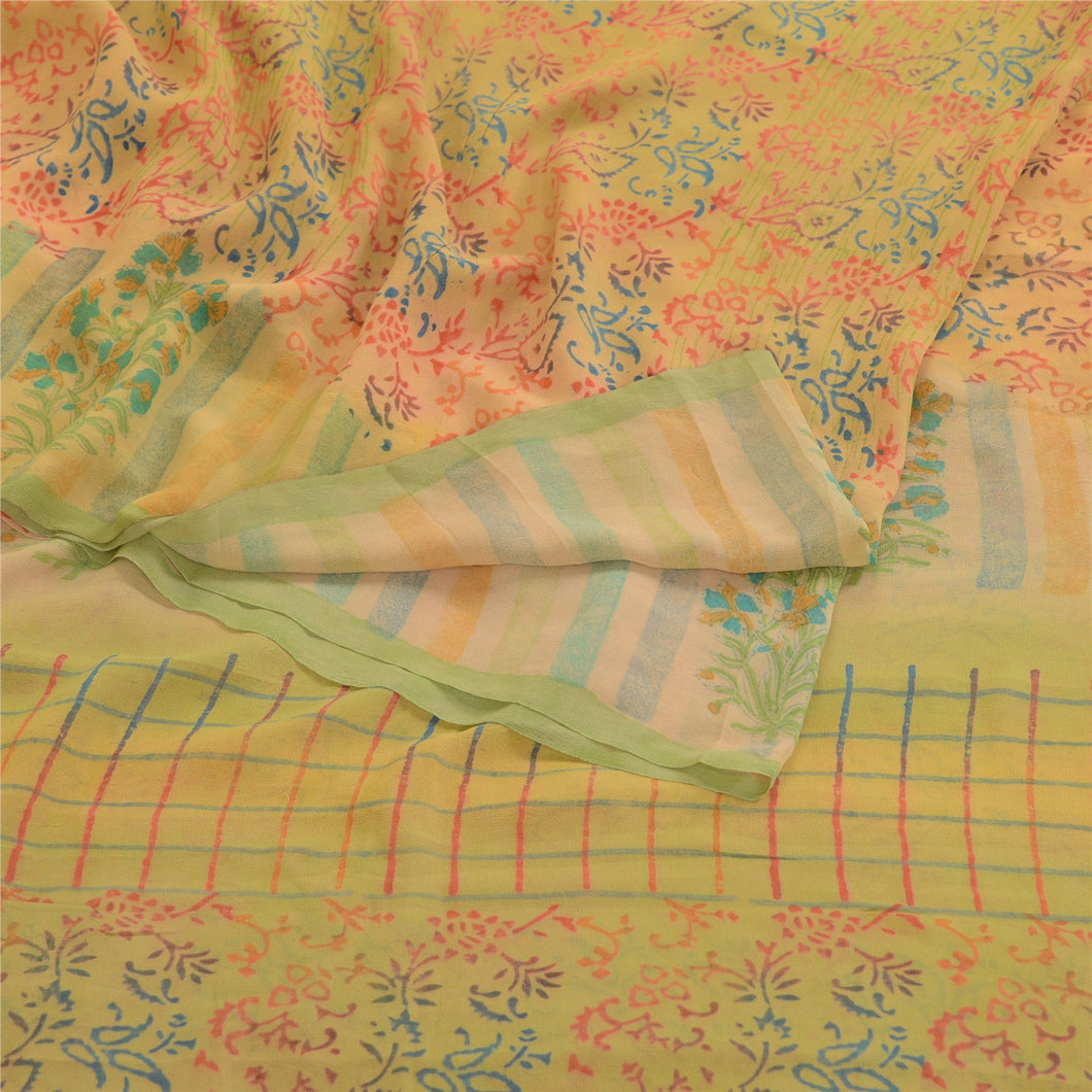 Sanskriti Vintage Sarees Pure Georgette Silk Block Printed Sari 5yd Craft Fabric