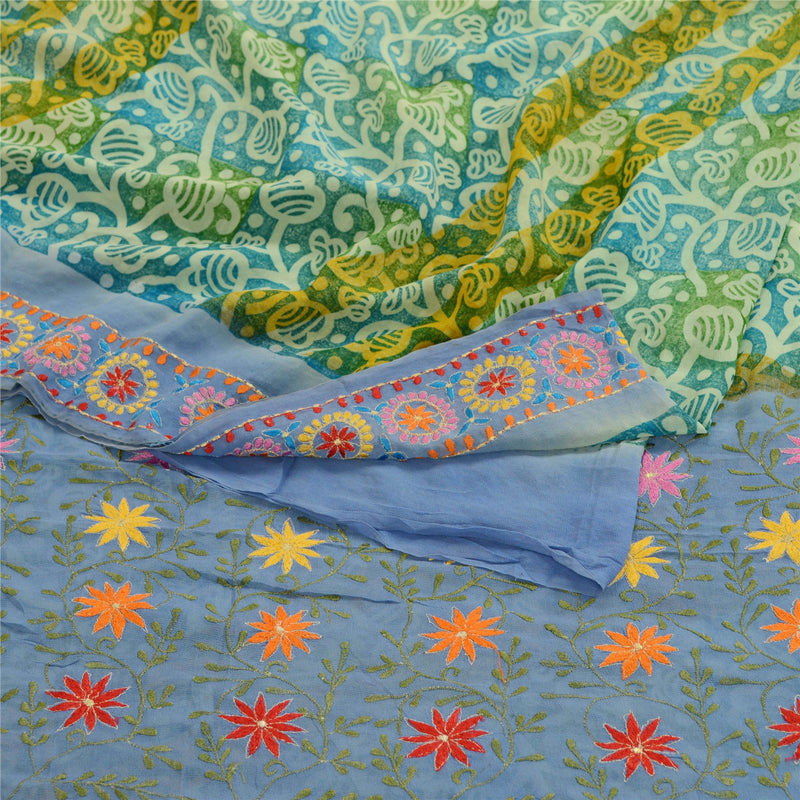 Sanskriti Vintage Sarees Blå Broderi Ren Georgette Silke Trykt Sari Bæredygtigt Stof