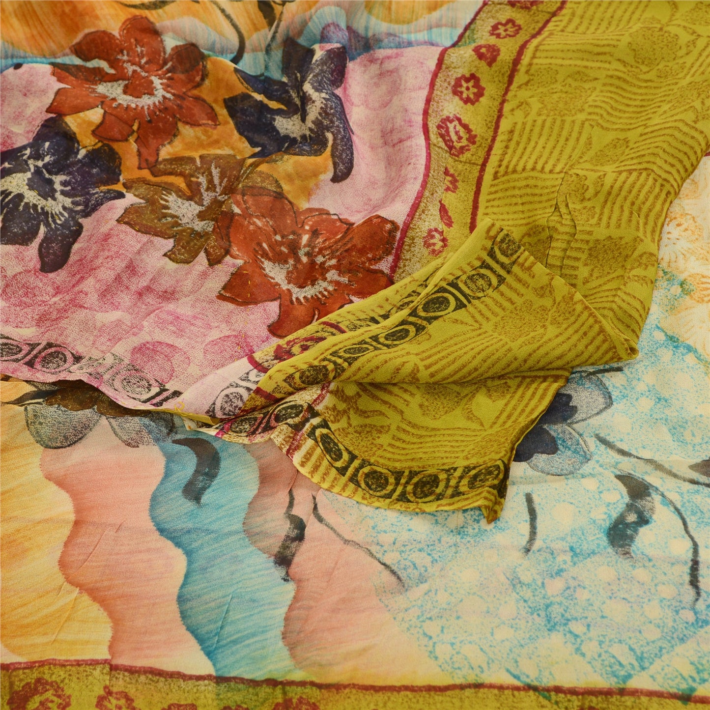 Sanskriti Vintage Sarees Green Blend Georgette Printed Sari Floral Craft Sustainable Fabric