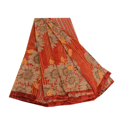 Sanskriti Vintage Sarees Indian Red Pure Georgette Silk Print Sari Craft Sustainable Fabric