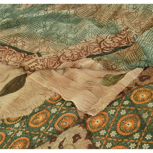 Sanskriti Vintage Blend Georgette Saree Green Printed Sari Craft Decor Sustainable Fabric