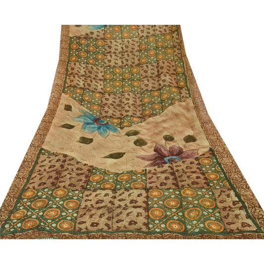 Sanskriti Vintage Blend Georgette Saree Green Printed Sari Craft Decor Sustainable Fabric