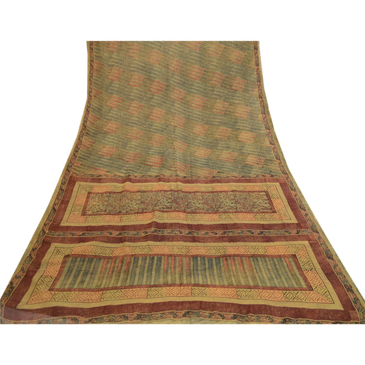Sanskriti Vintage Sarees Grønne Ren Georgette Silke Trykte Sari 5yd Håndværk Bæredygtigt Stoff