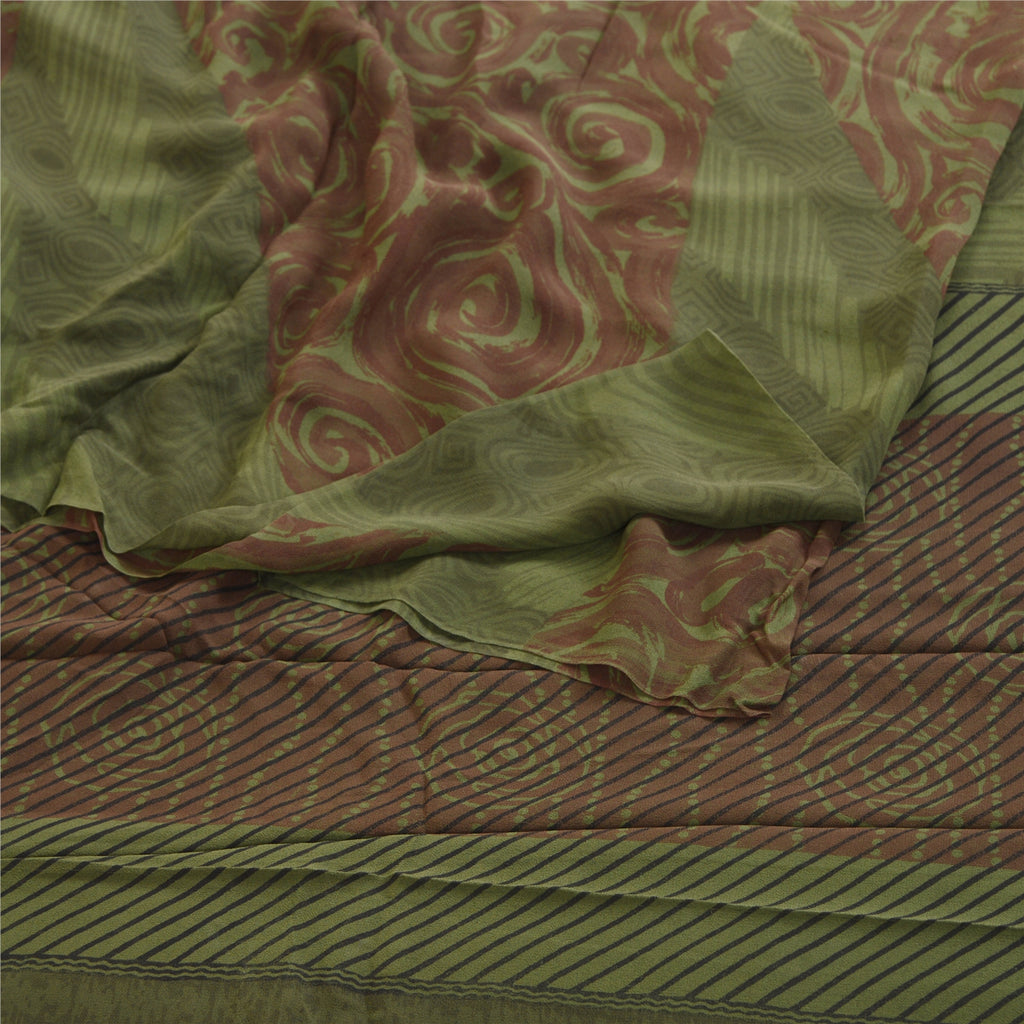 Sanskriti Vintage Sarees Green Pure Georgette Silk Printed Sari 5yd Craft Sustainable Fabric