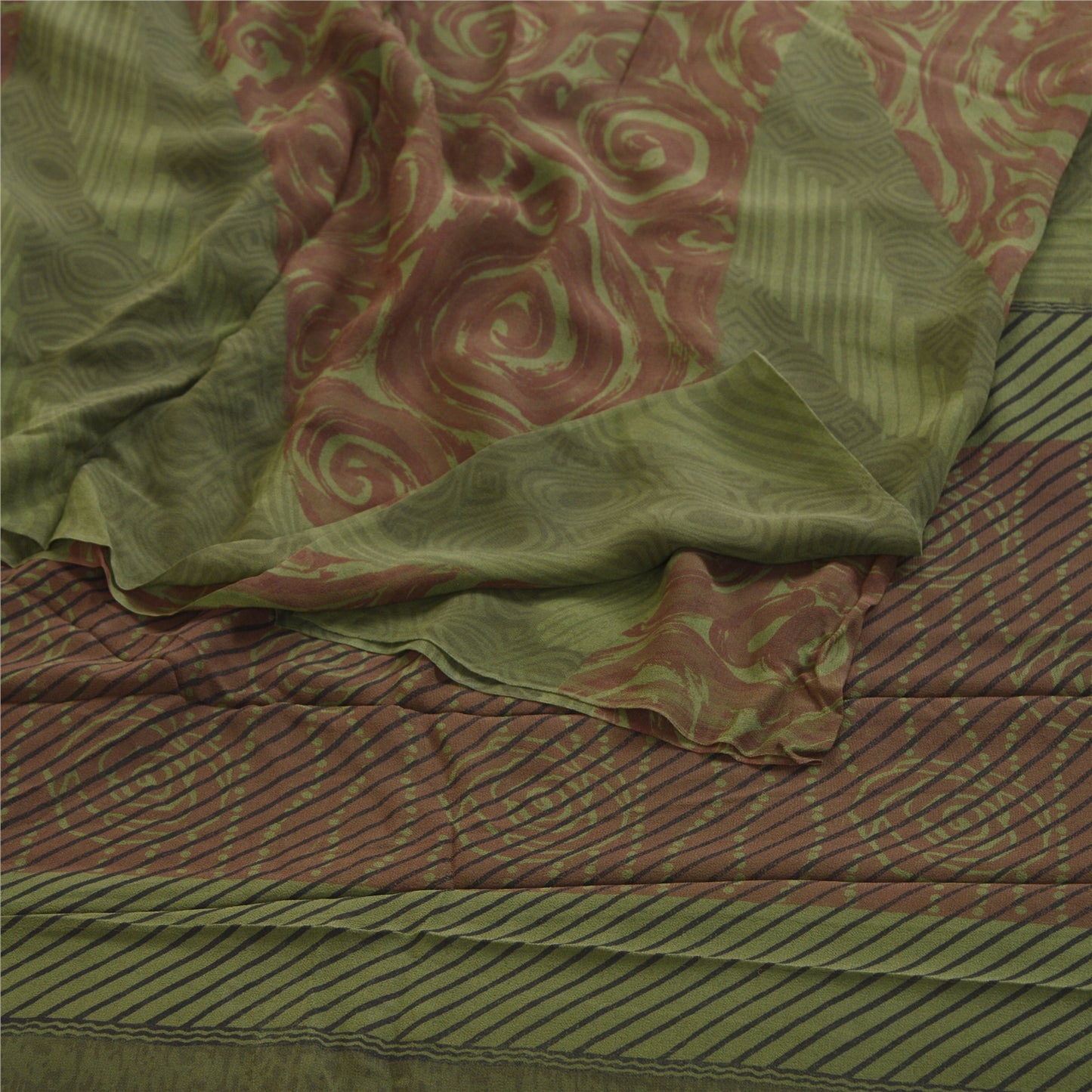 Sanskriti Vintage Sarees Green Pure Georgette Silk Printed Sari 5yd Craft Sustainable Fabric
