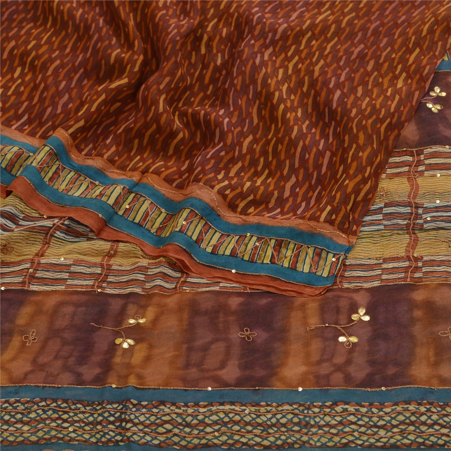 Sanskriti Vintage Sarees Multi Hand Beaded Pure Georgette Silk Sari Craft Sustainable Fabric